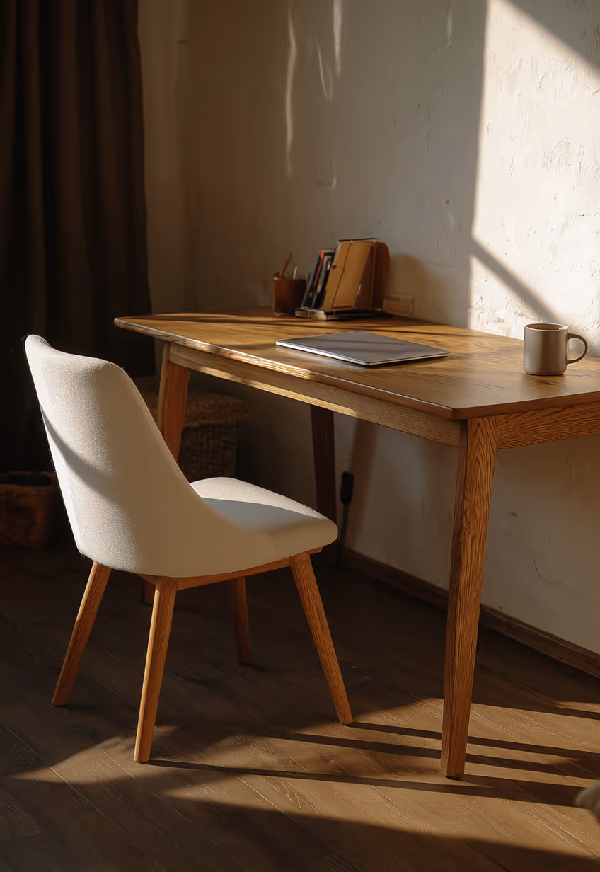 Un bureau et une chaise en bois éclairés de côté par la lumière naturelle, qui révèlent des matières chaleureuses et un éclairage architectural réfléchi.