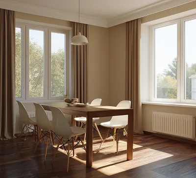 Une salle à manger élégante avec six chaises et une large vue sur l’horizon, une architecture ouverte qui marie le confort intérieur et un paysage à couper le souffle.