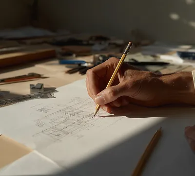 Une main qui trace des lignes d’architecture sur papier, symbole de la créativité et du travail de conception minutieux derrière une architecture de qualité.
