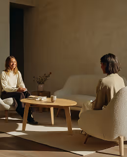 Deux personnes assises dans une pièce lumineuse et minimaliste, baignée de lumière naturelle, qui illustre un aménagement soigné et une esthétique architecturale moderne.