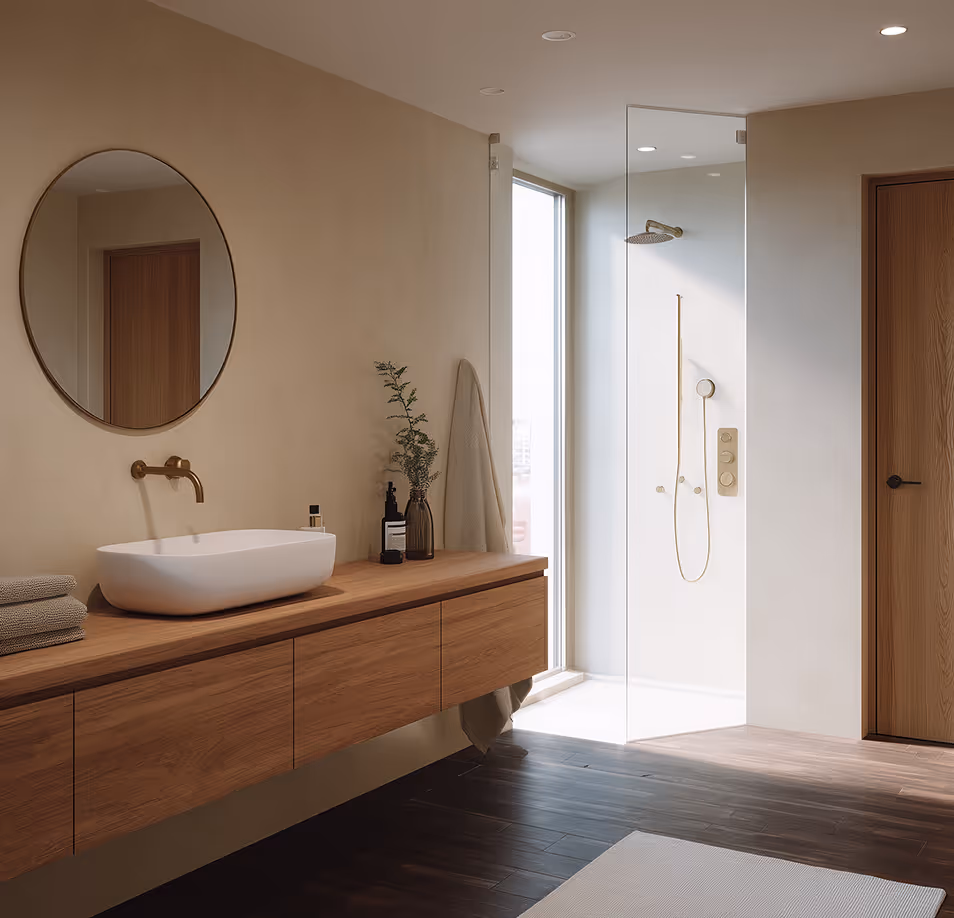 Une salle de bains contemporaine aux tons beige et crème, à l’atmosphère calme et élégante, aux finitions architecturales raffinées.