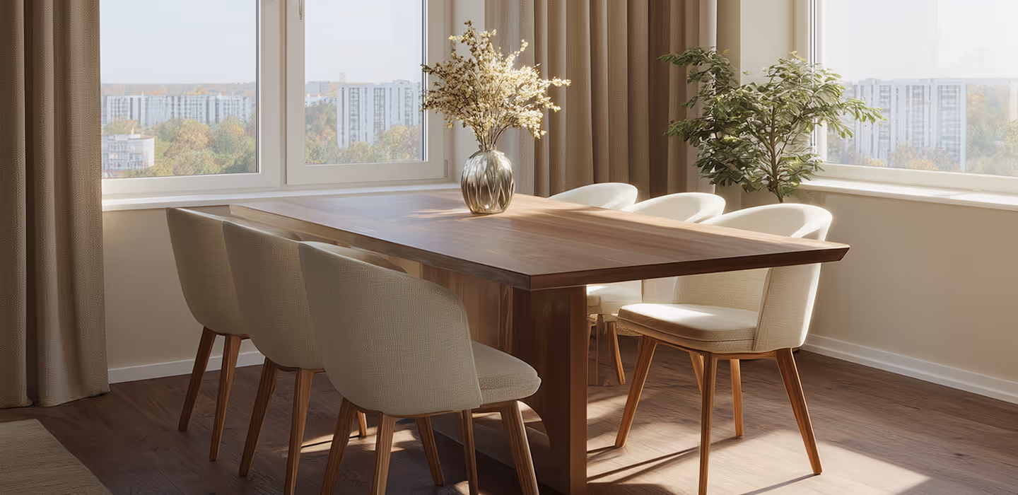 Une salle à manger élégante avec six chaises et une large vue sur l’horizon, une architecture ouverte qui marie le confort intérieur et un paysage à couper le souffle.