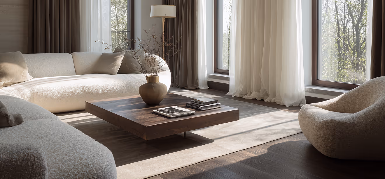 Un salon moderne avec deux grandes fenêtres, un design minimaliste, des sols et des meubles en bois chaleureux, alliance réussie du confort et de l’élégance architecturale.